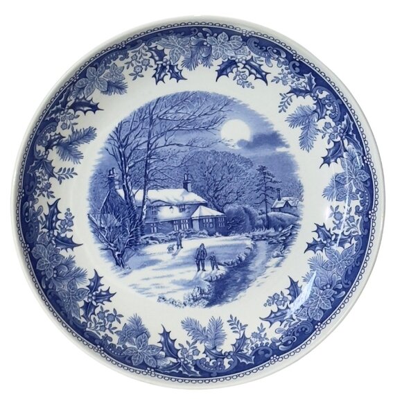 Spode Winters Eve Blue & White 10 Inch Dia. Pasta Plate Set of 2 - Picture 1 of 8